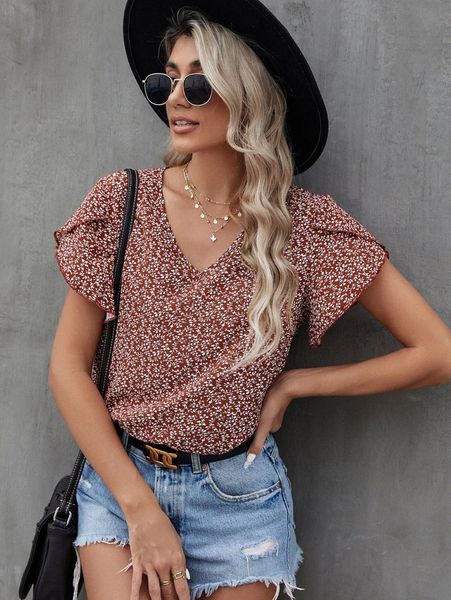 

plant print petal sleeve x0y1#, White