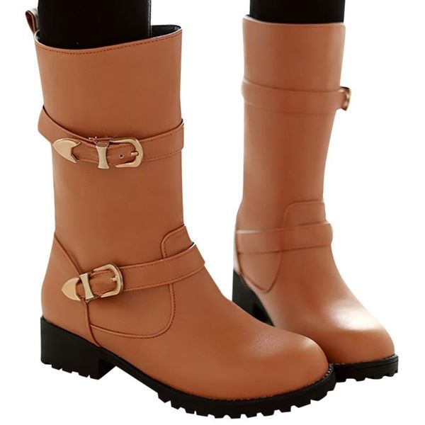 

women fashion belt buckle boots student casual middle tube large size boots for women autumn winter zapatos de mujer, Black
