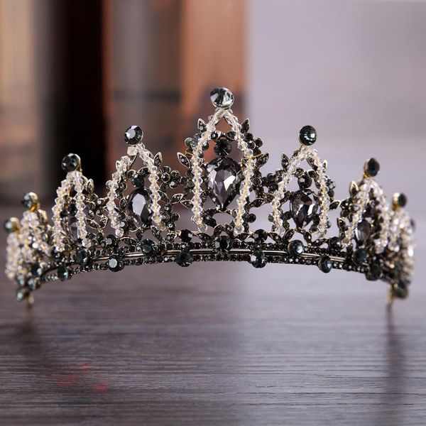

luxury vintage baroque round tiara black rhinestone beads crowns royal queen headband for women party wedding hair accessories, Golden;silver