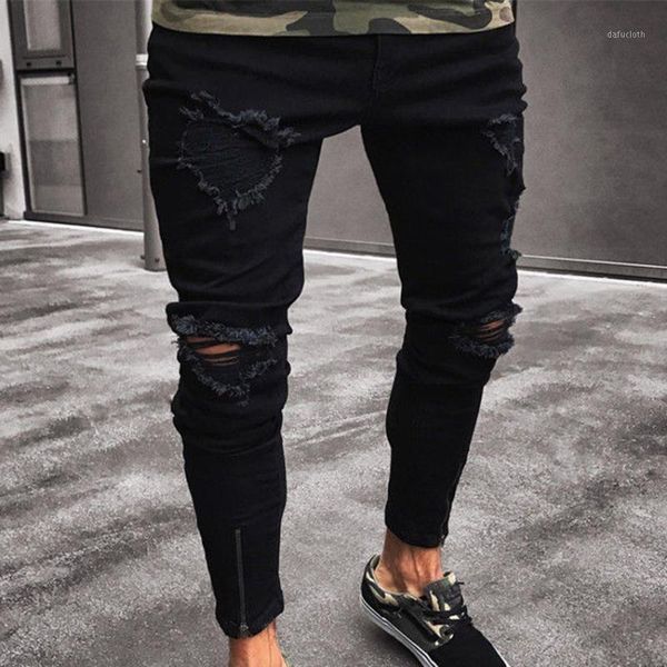

men's casual jeans wish new style black ripped elastic zipper men's leggings occident fashion1, Blue