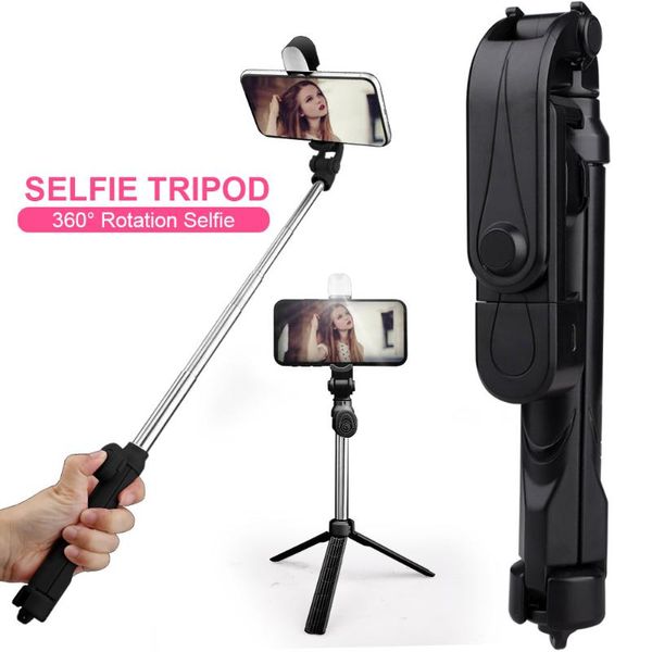 

wireless bluetooth selfie rod portable hand-held scalable monopod foldable 360Â° rotate mini tripod with fill lamp shutter button