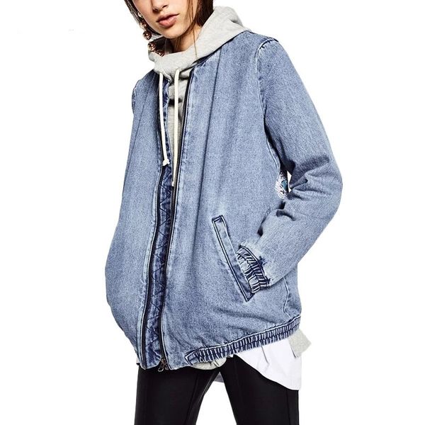 

women jepanese style embroidery patch denim bomber jacket coat long sleeve pockets casual coats ladies punk outwear capa