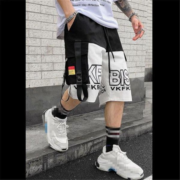 

men's shorts mens summer ribbon cargo men letter couple high street hip hop short homme loose bermuda masculina pants, White;black