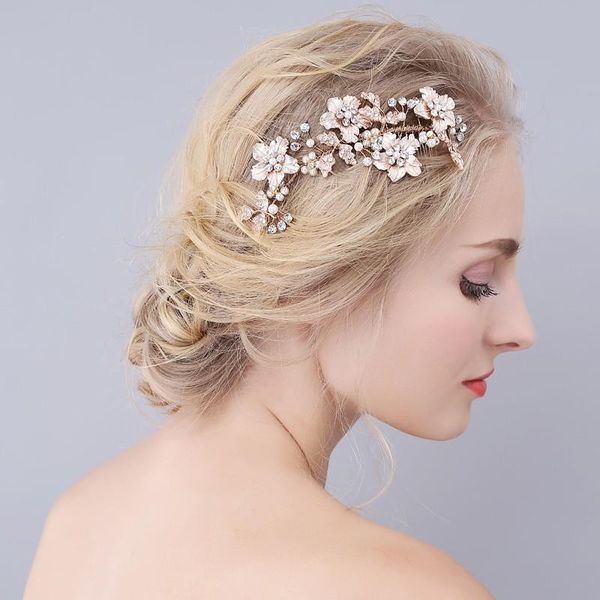 

slbridal handmade flower leaf rhinestones pearls wedding hair comb bridal headpieces crystal hair accessories bridesmaids women, Golden;silver