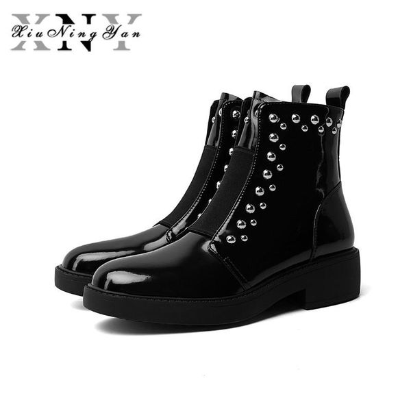 

xiuningyan women boots genuine leather shoes woman ankle fashion rivet short motorcycle, Black