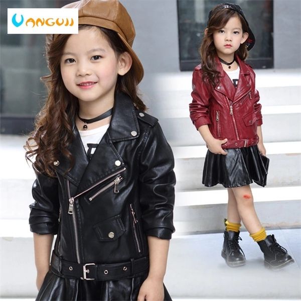 

coat children's pu kid outwear solid color zipper belt long sleeve casual girls motorcycle jacket spring 2 c1012, Blue;gray
