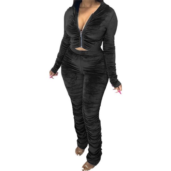 

women tracksuit two piece matching set trendy zipper hoodie draped velour hooded jacket coat crop pleated legging pants outfits f92911, Gray