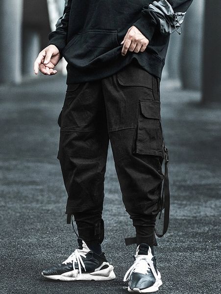 

men buckled strap detail utility pocket drawstring waist joggers c82q#, Black