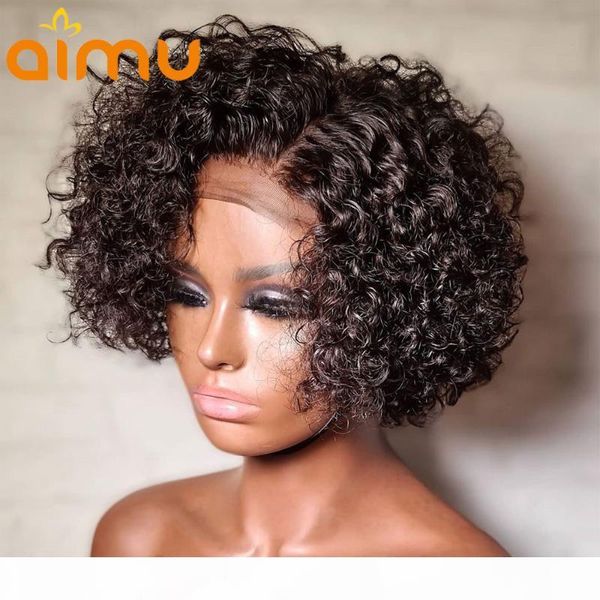 

water wave pixie cut wig 13x4 lace front human hair wigs closure glueless short curly bob wig preplucked hairline bleached knots, Black;brown