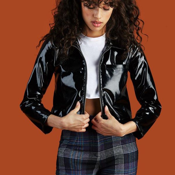 

2020 fashion brand patent leather jacket female glossy fabric pu leather short coat european stations slim jackets wj2716, Black