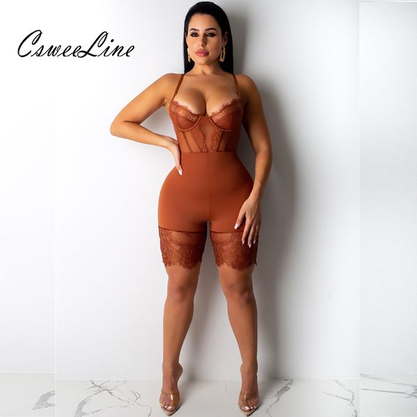 Sexy Lace Hollow out romper Mulheres Spaghetti Strap Club Macacão Curto Jumpsuit Casual Sem Mangas Bodycon Macacões Bodysuit T200704