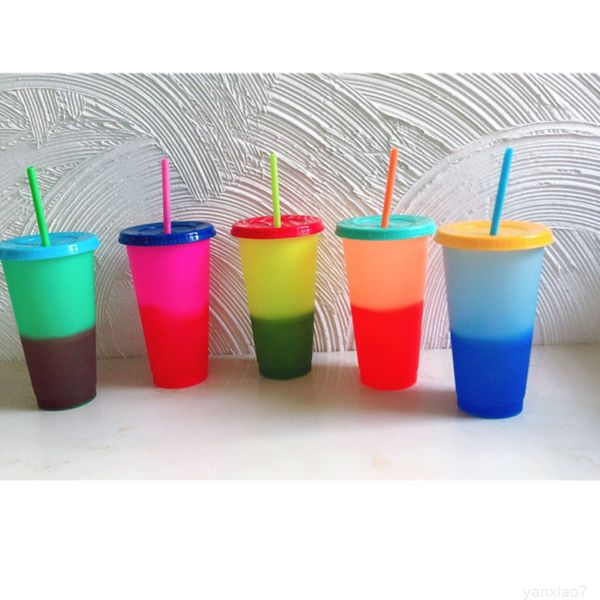 

24oz changing cup drinking tumblers with lid and straw plastic temperature change color cups reusable cold magic coffee mug a05