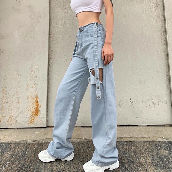 

with belt cut out women's straight wide leg pants hole harajuku y2k baggy high waist mom jeans punk tattered denim streetewar, Blue