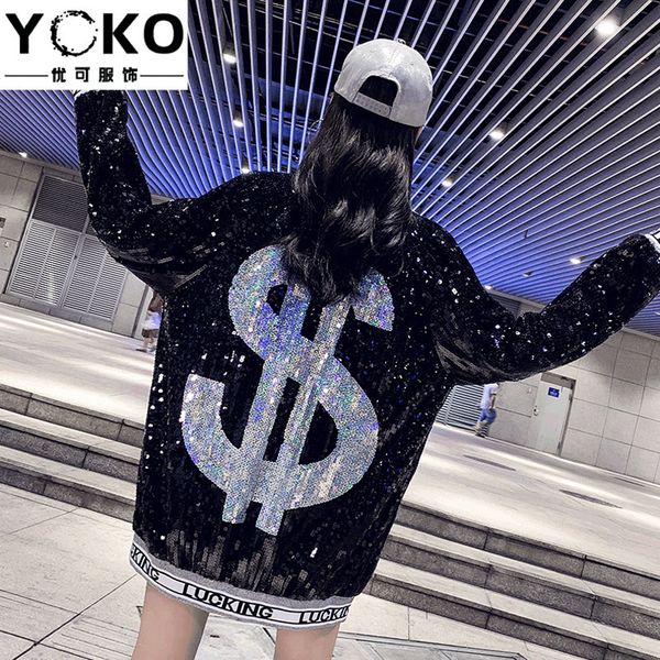 

yoko female shining sequin performance costumes jazz dance hip-hop dollar sequin jacket long-sleeved loose sports jacket plus 201028, Black;brown