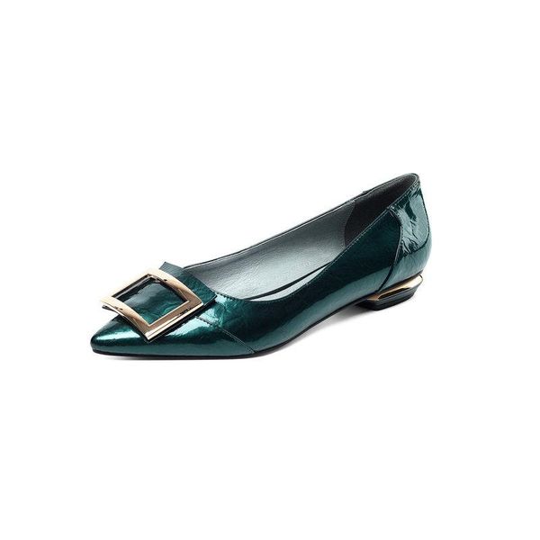 

genuine leather poined toe women pumps spring summer new arrival casual shoes woman shallow buckle low heels green gold, Black