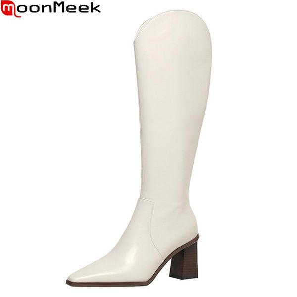 

boots moonmeek 2021 arrival winter thick high heels fashion knee solid color women, Black