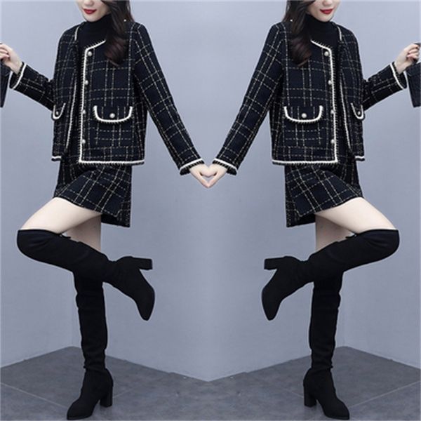 

fragance of winter women tweed piece suits button fashion woman blazer and skirt joint femme 38lw, White;black