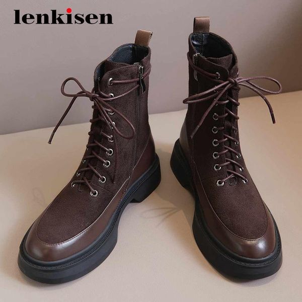 

lenkisen 2020 saling cow leather classics round toe thick med heel lace up pretty girls basic ankle boots l20, Black