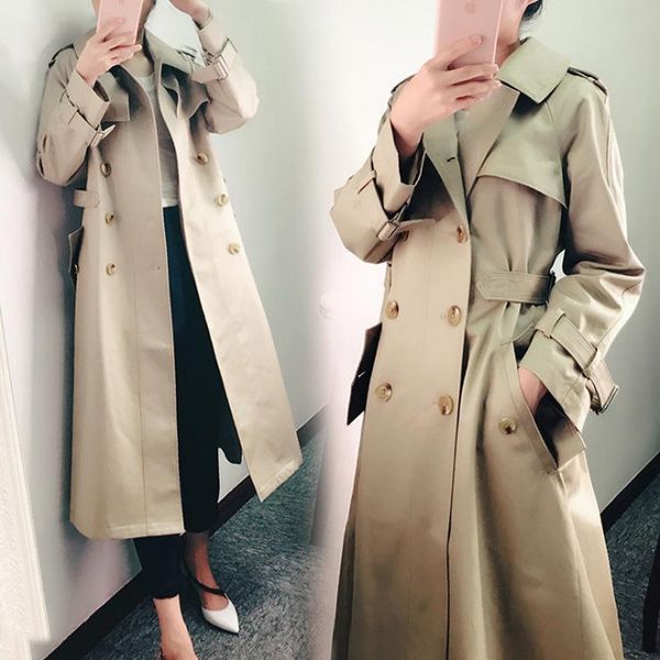 

outfit in the trench coat long closed show thin waist han edition coat double-breasted of cultivate morality dress, Tan;black