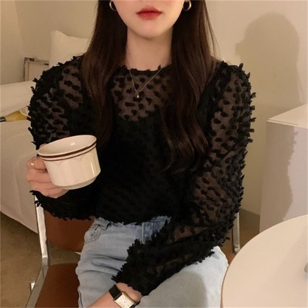 

2021 new early spring sweet and slightly transparent round neck three-dimensional fur design puff sleeve shirt a6lk, White