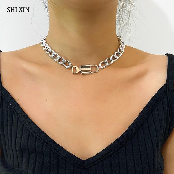 

shixin simple lock with key short choker colar neclace for women punk chunky padlock pendant necklaces chian on the neck jewelry, Golden;silver