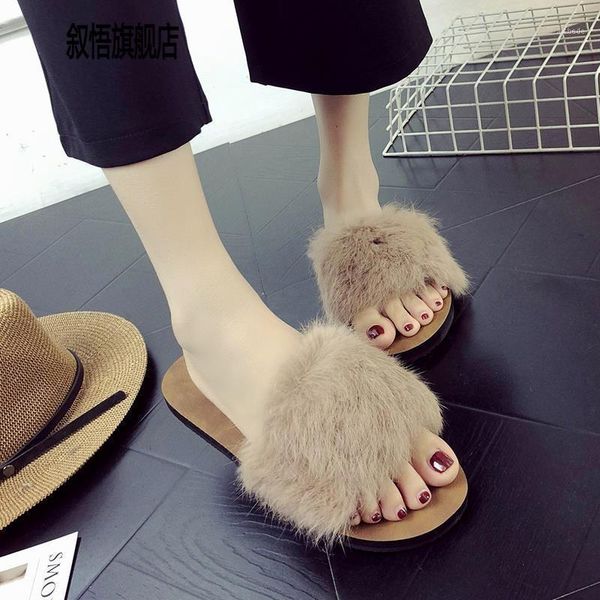 

slippers fur women slides home furry flat sandals female cute fluffy house shoes woman 20211, Black