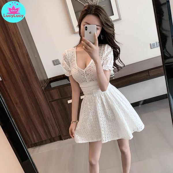 

2020 new nightclub v-neck openwork lace french niche dress knee-length zippers lace solid, Black;gray