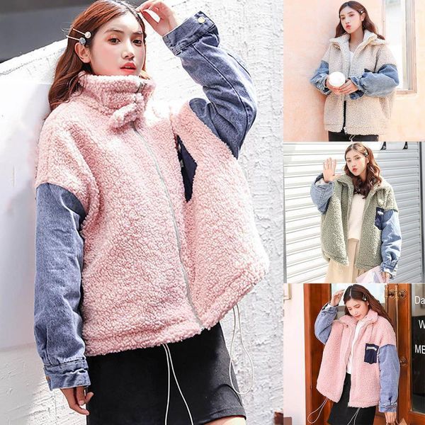 

women's winter casual loose lambswool denim stitching padded jacket coat jackets for women jacket women jackets 20201, Black;brown