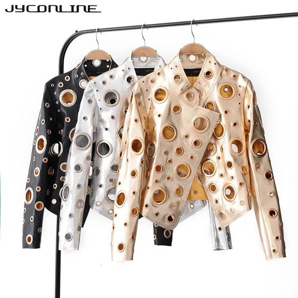 

jyconline 2021 fashion pu women jacket autumn metal motor punk bomber jacket silver golden hollow out jacket female streetwear y190826, Black;brown