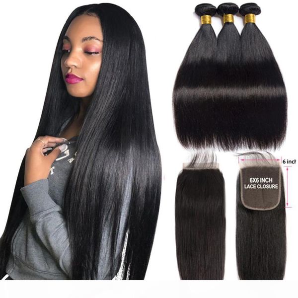 

bundles with 6x6 closure human hair bundles with closure peruvian straight human hair extensions virgin hair bundles with lace closure, Black;brown