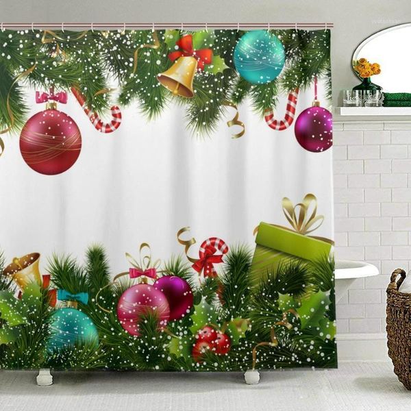 Tende da doccia Merry Christmas Curtain Palline di Natale colorate Rami di pino verde Happy Year Decor Tessuto Bagno Impermeabile1