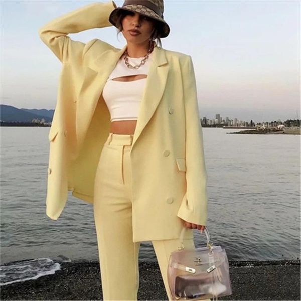 

yellow solid oversized loose womens suits blazer with pants fashion streetwear office lady notched double breasted new autumn1, White