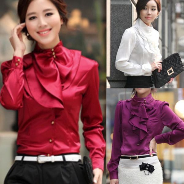 

мода викторианской блузы женщины офис дамы сплошной цвет рубашки high neck frilly сборки манжеты рубашки, White