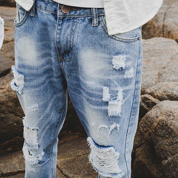 

fashion men slim fit ripped jeans streetwear mens distressed denim joggers knee holes washed destroyed jeans plus size mnzk01 rf, Blue