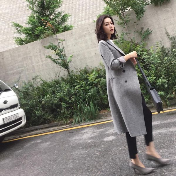 

women's outwear plaid check gray blazer long length full sleeve double breasted pockets notched korean autumn winter1, White;black
