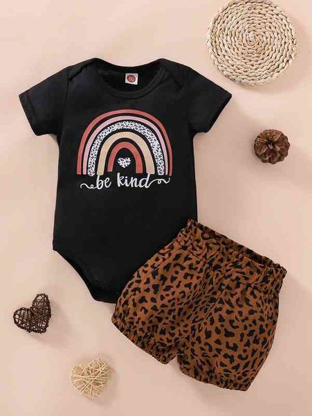 

baby slogan & rainbow print bodysuit & allover print shorts she, Blue