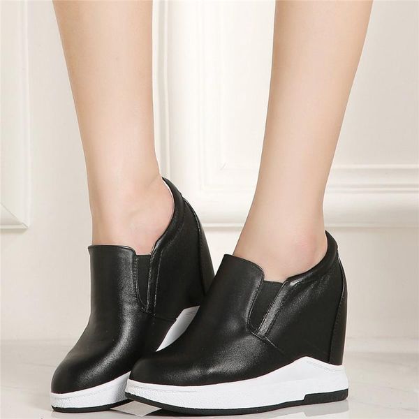 

boots low fashion sneakers women genuine leather wedges high heel ankle female round toe platform oxfords shoes casual, Black