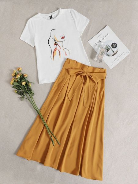 

figure graphic tee & paper bag waist tie front skirt 642o#, White