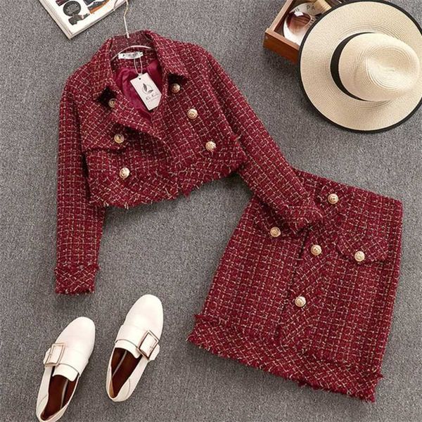 

fall winter small fragrance vintage tweed two piece set women single-breasted woolen short jacket coat + mini skirt 2 piece set 211221, White
