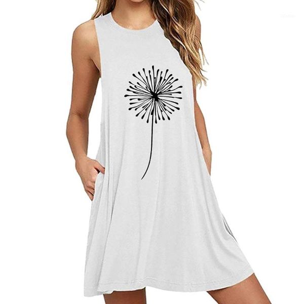 

fashion womens summer dress with pocket dandelions printing sleeveless casual dresses women holiday beach sundress vestidos #p31, Black;gray