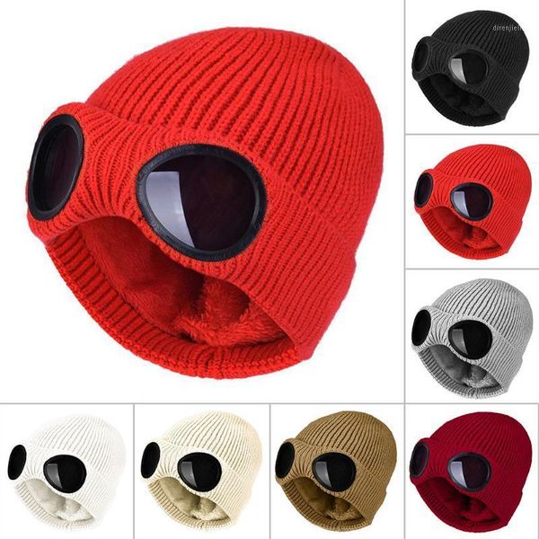 

winter cycling cap beanie hat glasses goggle winter warm knit cap plush lined ski knitted hat windproof thermal headwear1, Black