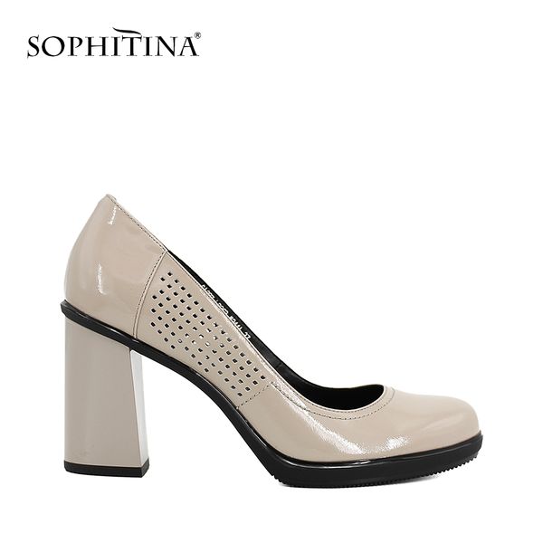 

sophitina brand elegant lady pumps solid round toe super high thick heel pumps handmade patent leather office woman shoes d28 1007, Black;white
