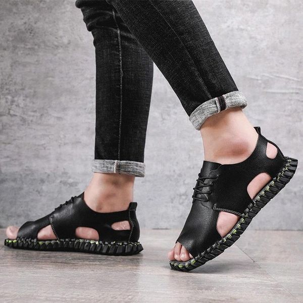 

fashion men sandals leather summer casual sandals men slip-on loafers handmade sewing male outdoor retro beach sandals #n07e, Black