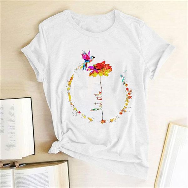 

bird sunflower print t shirts women summer aesthetic clothes harajuku shirts for women short sleeve graphic tee streetwear femme, White