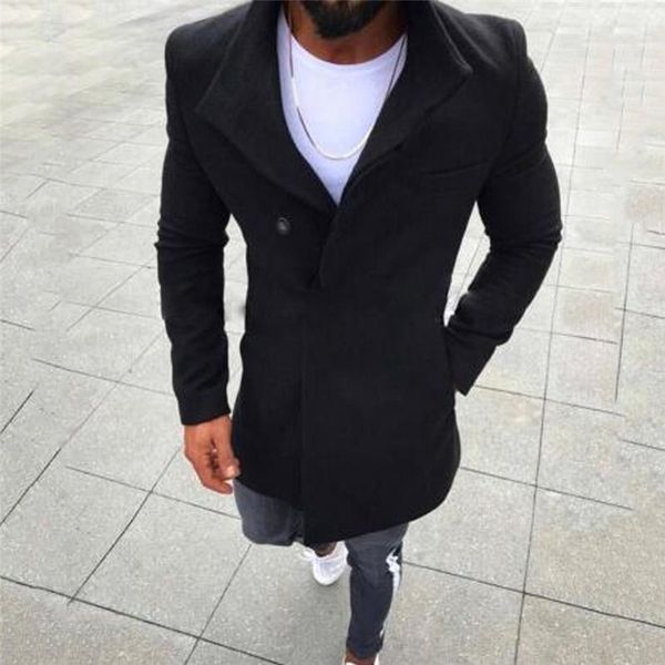 

fashion video mens wool jacket button solid long sleeved windbreaker woolen coat fall winter overcoat men thin long trench coats1, Black
