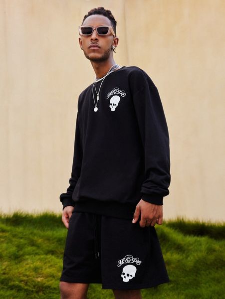 

romwe guys letter skull graphic sweatshirt & drawstring shorts s0xt#, Gray
