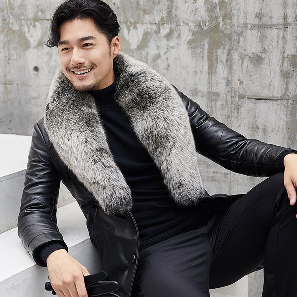 

genuine leather winter jacket fur collar real sheepskin coat for men warm down jackets plus size chaqueta my1722, Black
