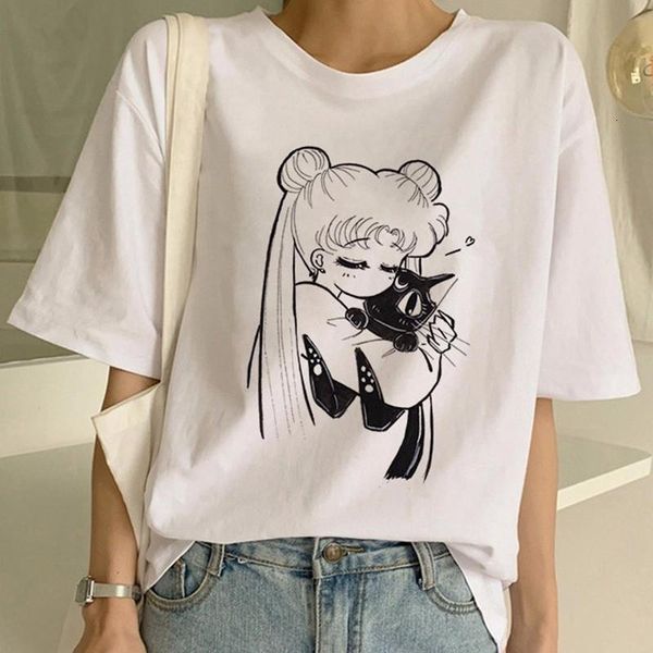 

sailor moon summer new мода футболка женщины harajuku с коротким рукавом fun ulzzang футболка милая кошка футболка мультфильм верхние тройни, White