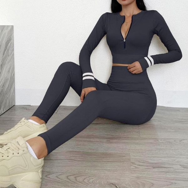 

2021 new seamless women sport sets women gym clothes fitness legging long sleeve woman tracksuit sportswear workout running suit, Gray