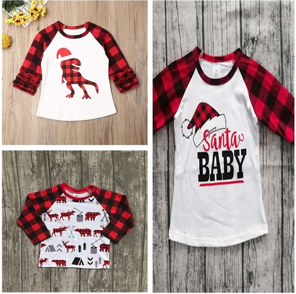 

детская рождественская одежда детская футболка пуловер топы детские девушки детд длинный рукав футболка xmas red grid динозавр печать tshirt, White